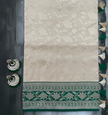 Banarasi Katan Silk Saree with Contrast Border | Cream & Dark Green | Handwoven | Silk Mark | Ships from California